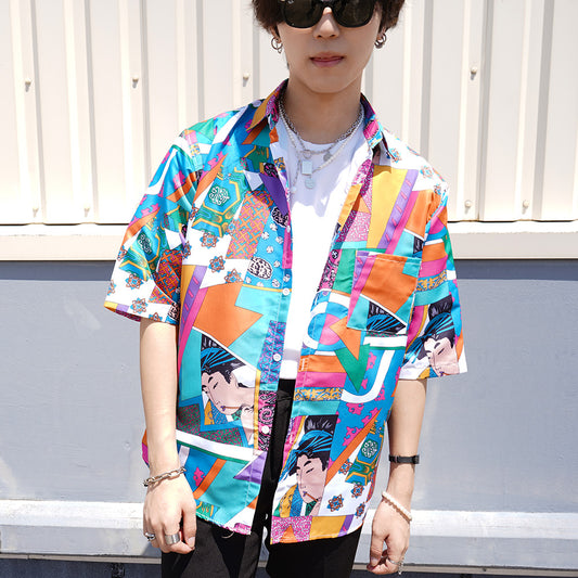 歌舞伎テイストの和柄ミックス半袖シャツ