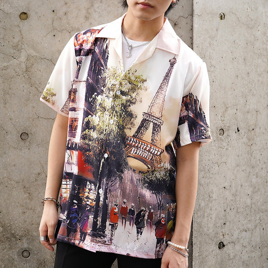 パリの街並みとエッフェル塔のオープンカラー半袖シャツ