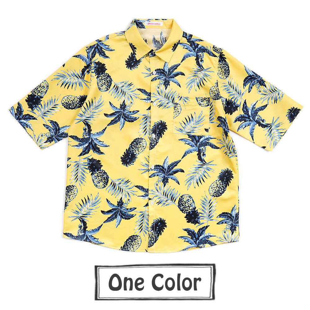 真夏のイエローとパイナップル柄の半袖シャツ