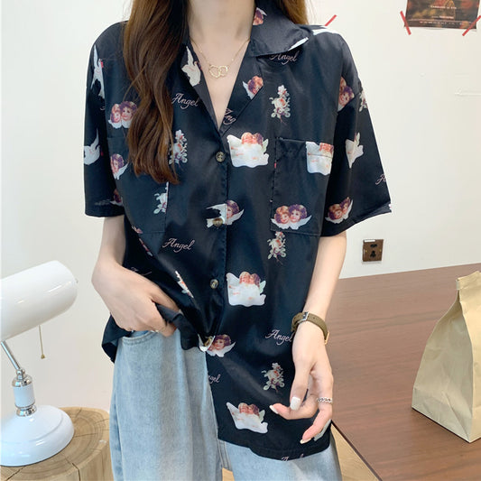 幸せを呼ぶ双子天使のオープンカラー半袖シャツ