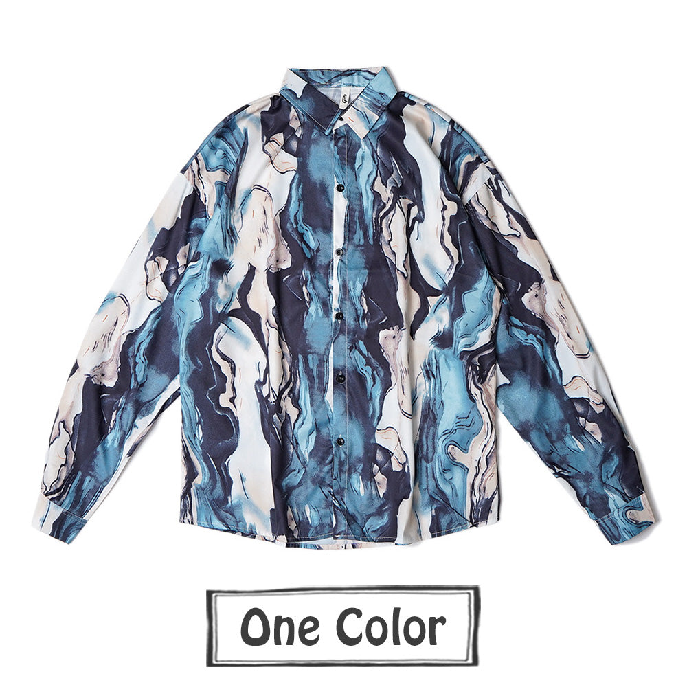 芸術的なうねり柄のブルーグラデ長袖シャツ