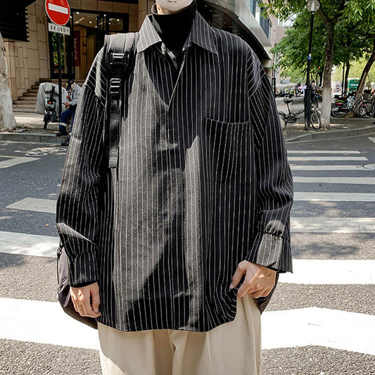 ハイネックトップス重ね着風 ストライプ長袖シャツ