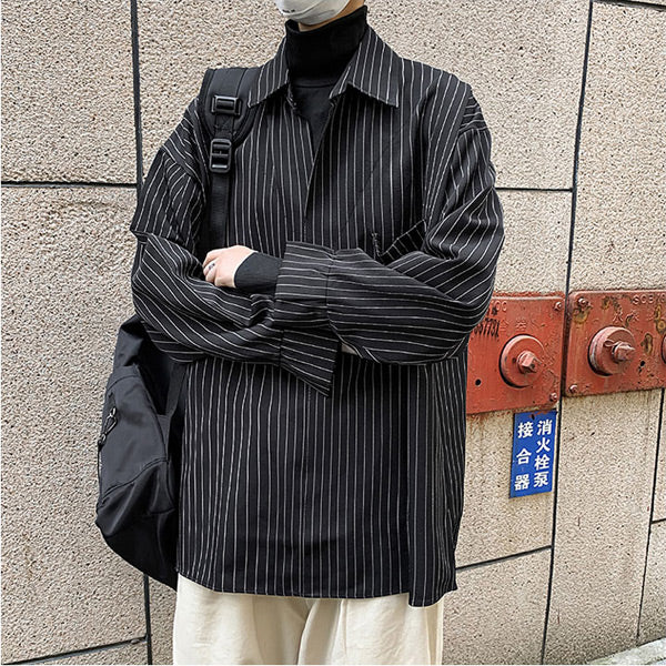 ハイネックトップス重ね着風 ストライプ長袖シャツ