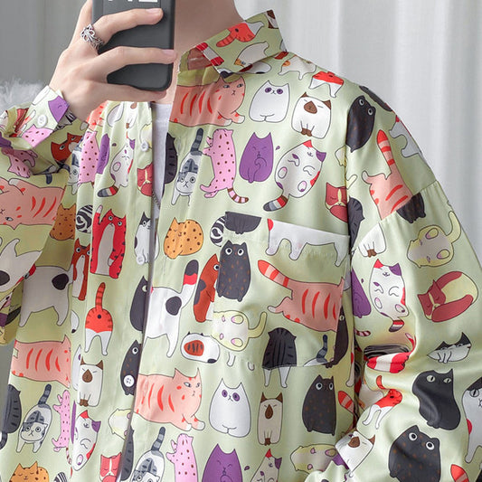 レトロCATプリント長袖シャツ