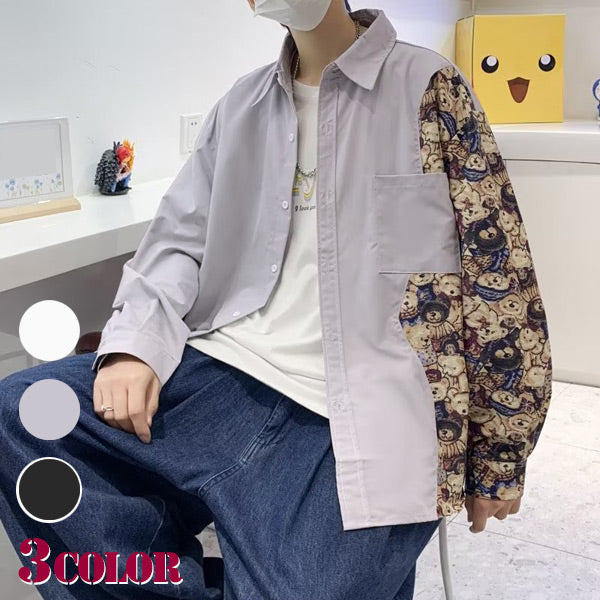 BEAR柄切替えアシメ長袖シャツ