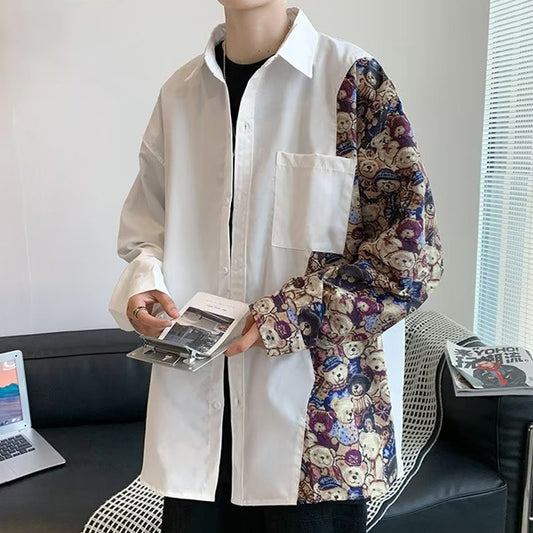 BEAR柄切替えアシメ長袖シャツ