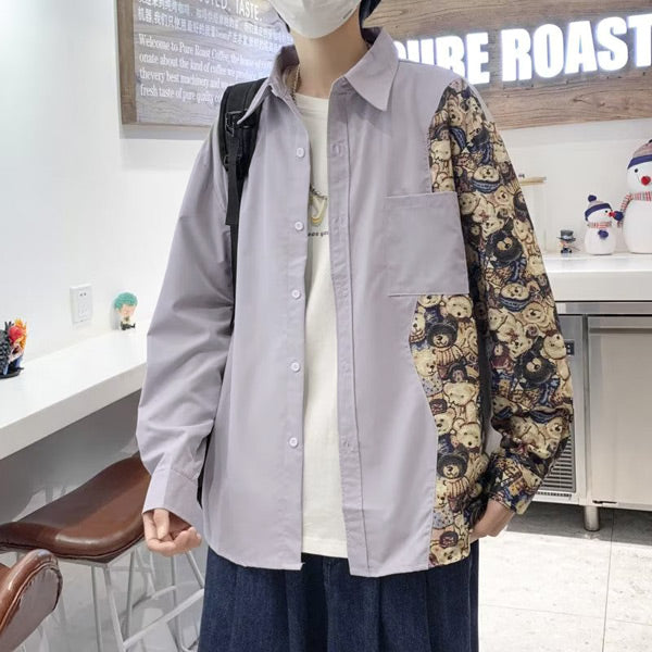 BEAR柄切替えアシメ長袖シャツ