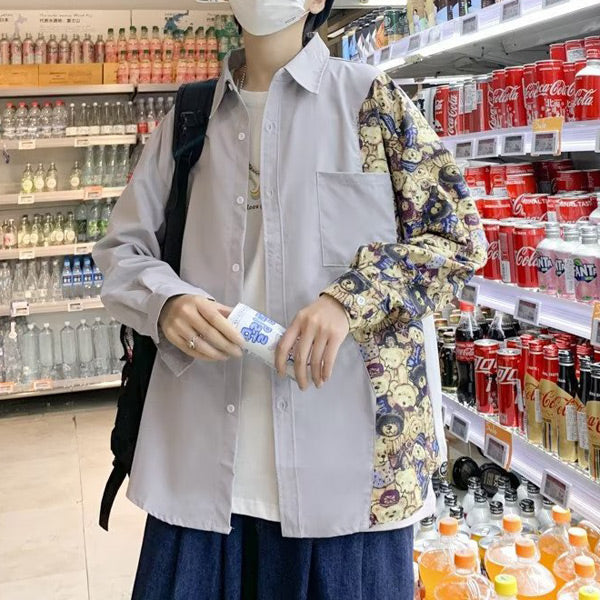 BEAR柄切替えアシメ長袖シャツ