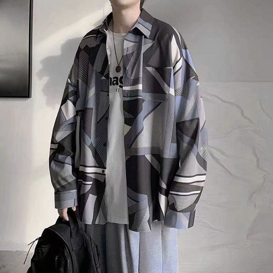 幾何柄グラフィックプリント長袖シャツ