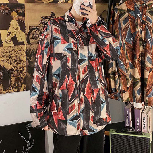 幾何柄グラフィックプリント 長袖シャツ