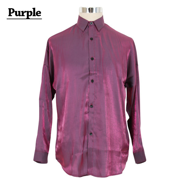 グロウカラーの長袖サテンシャツ