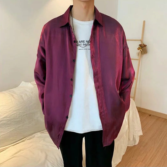 グロウカラーの長袖サテンシャツ