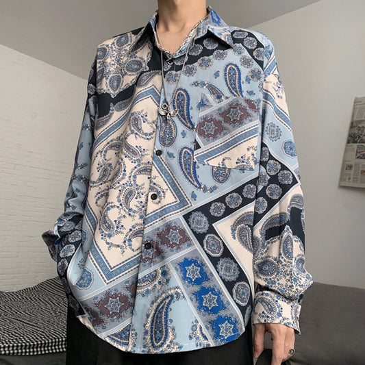 ブルーペイズリー柄長袖シャツ