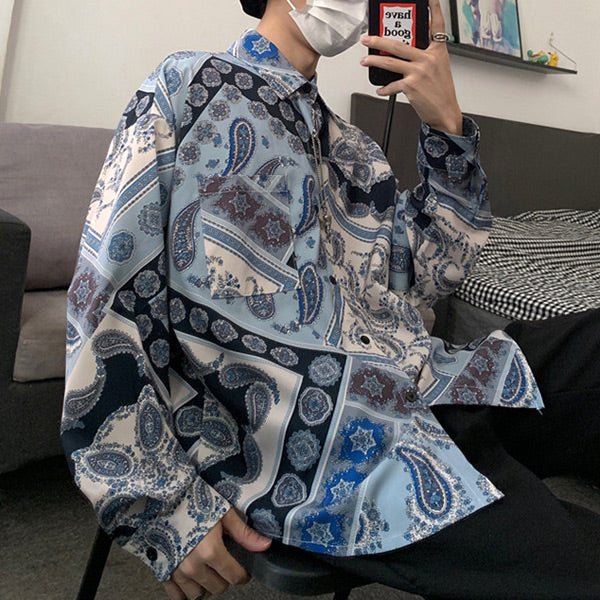 ブルーペイズリー柄長袖シャツ