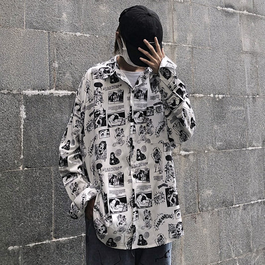 アメコミ風モノトーンプリント長袖シャツ