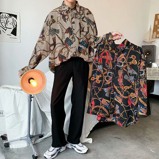 レトロチェーンプリント長袖シャツ