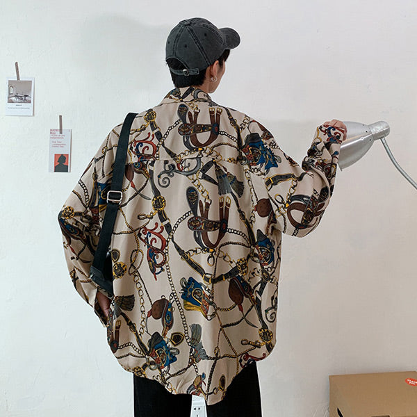 レトロチェーンプリント長袖シャツ