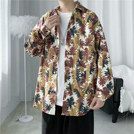 リーフ柄レトロカラー長袖シャツ