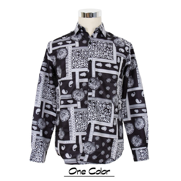 モノトーンバンダナ柄のサテン風長袖シャツ