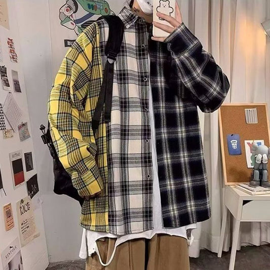 チェックアシンメトリービッグシルエット長袖シャツブラウス