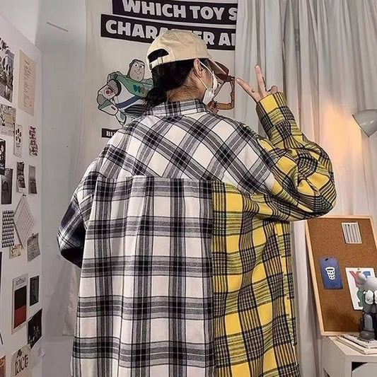 チェックアシンメトリービッグシルエット長袖シャツブラウス