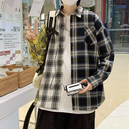 チェックアシンメトリービッグシルエット長袖シャツブラウス