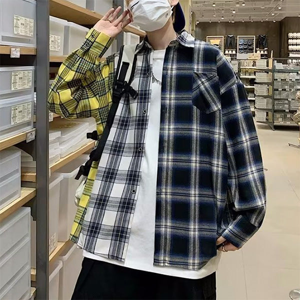 チェックアシンメトリービッグシルエット長袖シャツブラウス