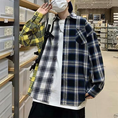 チェックアシンメトリービッグシルエット長袖シャツブラウス