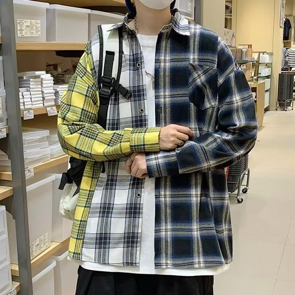 チェックアシンメトリービッグシルエット長袖シャツブラウス