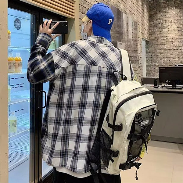 チェックアシンメトリービッグシルエット長袖シャツブラウス