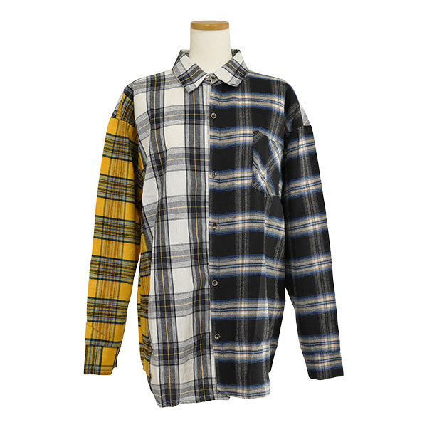 チェックアシンメトリービッグシルエット長袖シャツブラウス