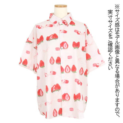 ストロベリー×マカロンプリント半袖ピンクシャツ