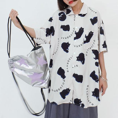 キャットシルエットプリント Bigシルエット半袖シャツ