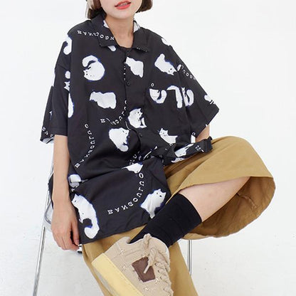 キャットシルエットプリント Bigシルエット半袖シャツ