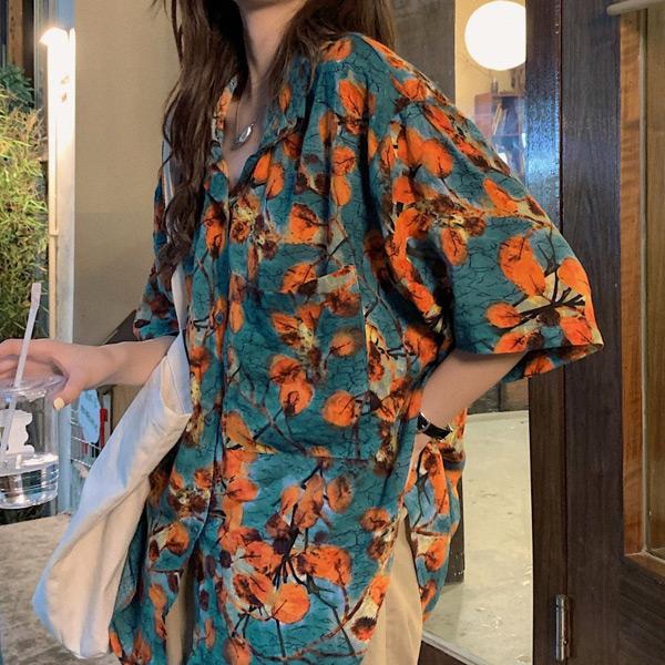 オレンジ水彩画フラワープリント 半袖ルーズシャツ