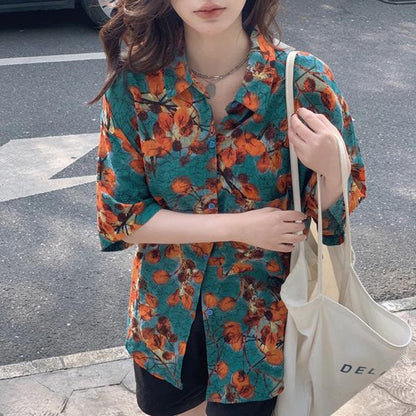 オレンジ水彩画フラワープリント 半袖ルーズシャツ