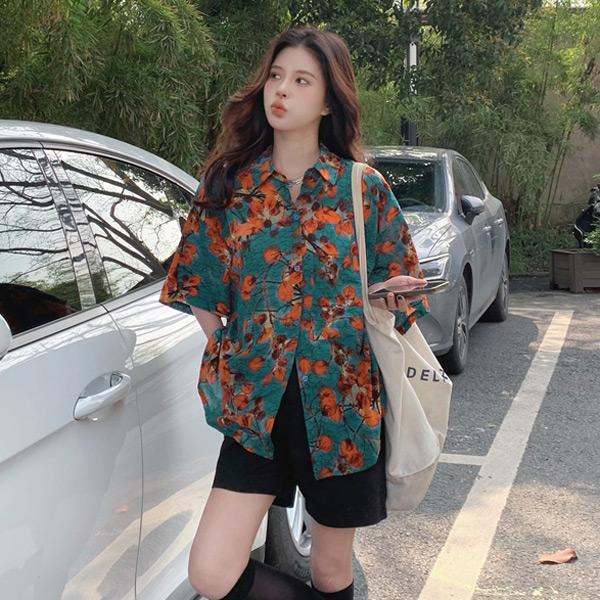 オレンジ水彩画フラワープリント 半袖ルーズシャツ