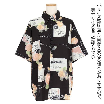 ローズ×レタープリント半袖ブラックシャツ