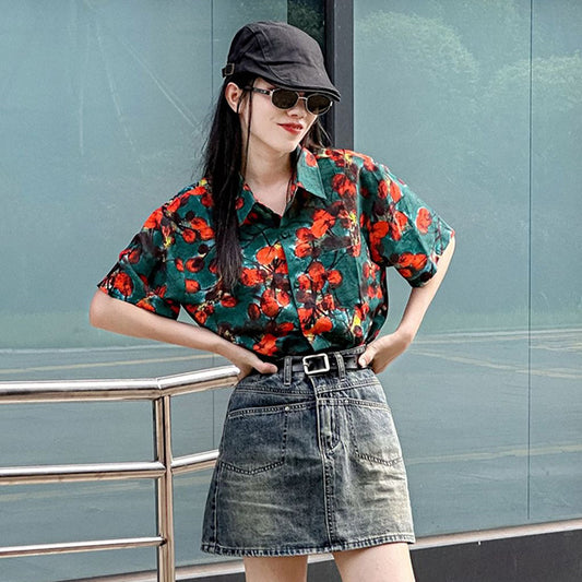 オレンジ水彩画フラワープリント 半袖ルーズシャツ