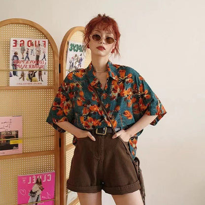 オレンジ水彩画フラワープリント 半袖ルーズシャツ