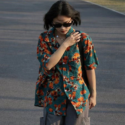 オレンジ水彩画フラワープリント 半袖ルーズシャツ