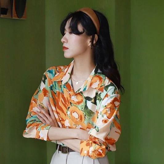 ビッグオレンジフラワーペイントシャツ