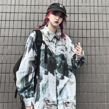 グラフィカルプリント 長袖ビッグシャツ