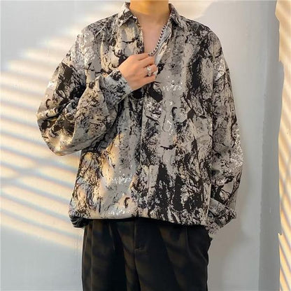 グレー×ブラック マーブルプリント シャツ