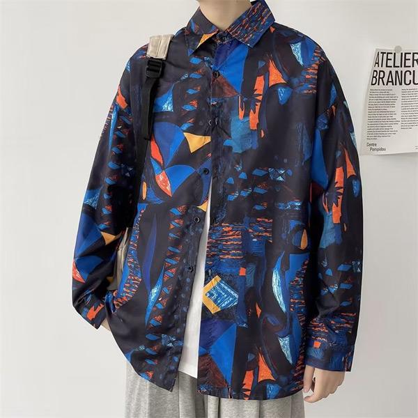 ブルー×オレンジ 幾何学プリント 長袖シャツ – ArrrT