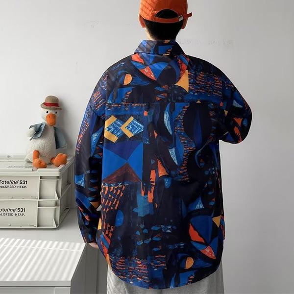 ブルー×オレンジ 幾何学プリント 長袖シャツ