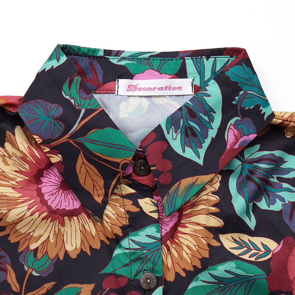ダークフラワーのマットサテン花柄長袖シャツ