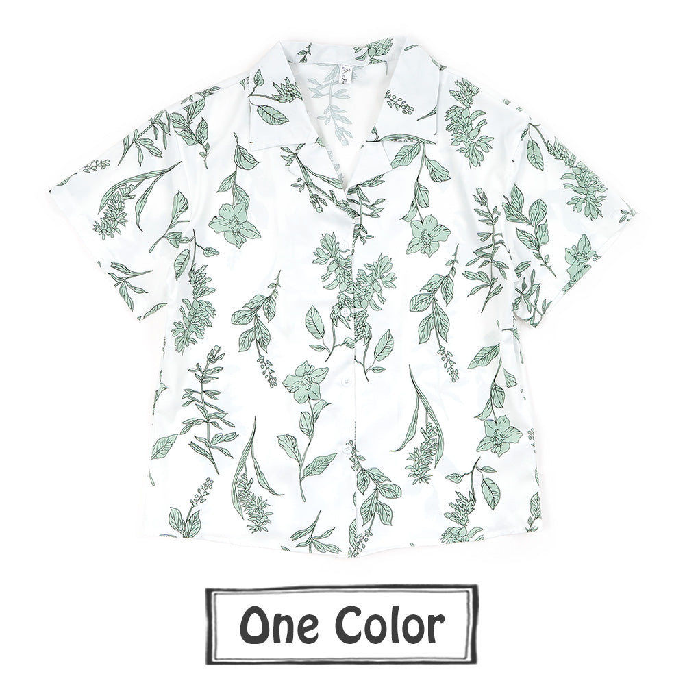 グリーンボタニカルのオープンカラー半袖シャツ