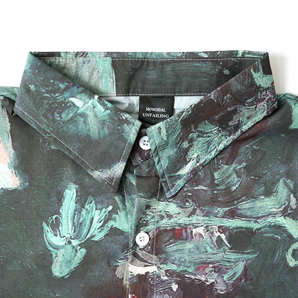 睡蓮の油絵のようなグリーン半袖シャツ