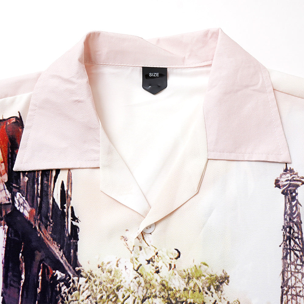 パリの街並みとエッフェル塔のオープンカラー半袖シャツ